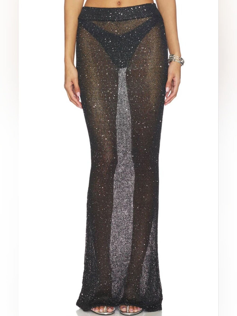 Superdown Miranda Sheer Black Metalic Maxi Skirt
